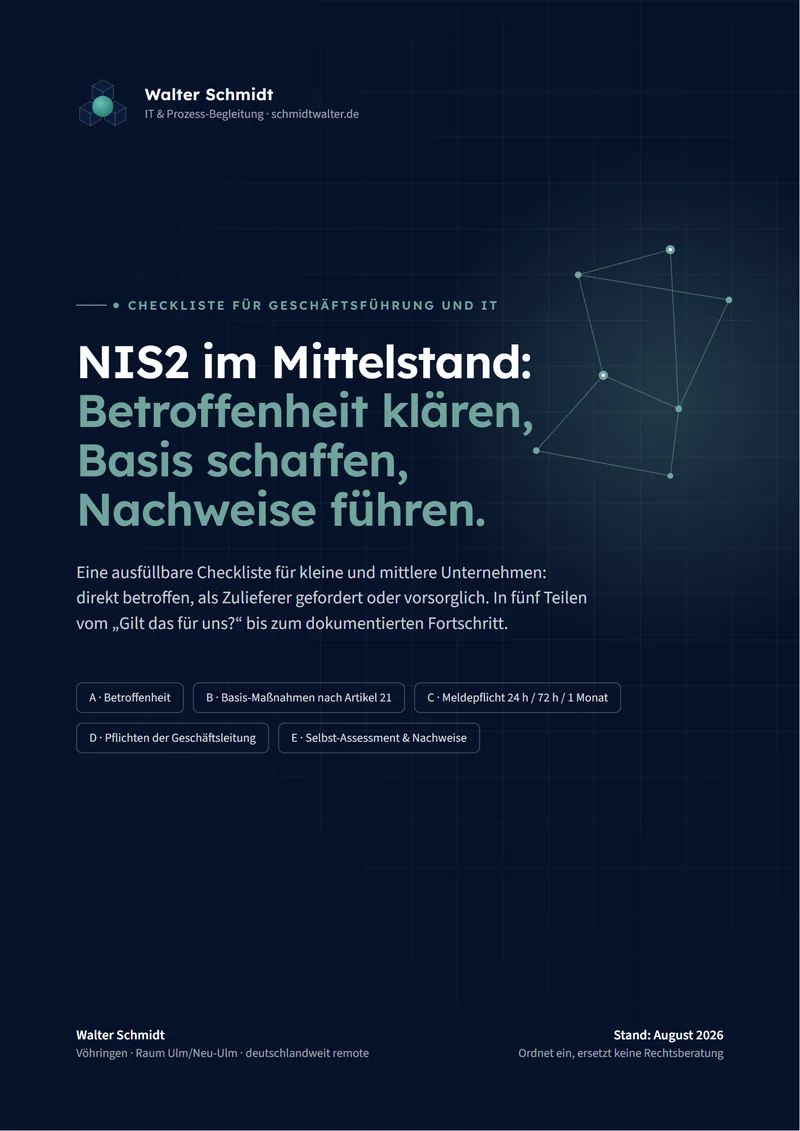 Titelseite der NIS2-Checkliste für KMU: NIS2 im Mittelstand — Betroffenheit klären, Basis schaffen, Nachweise führen